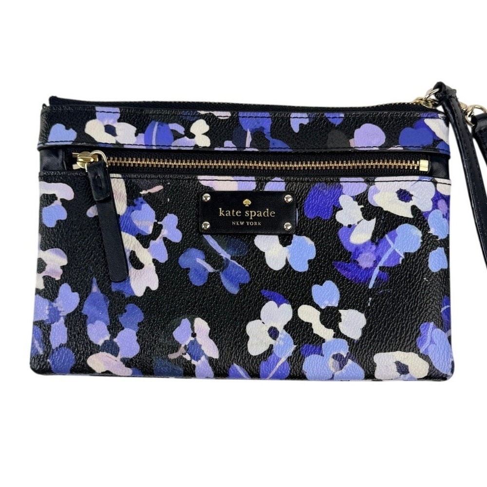 Kate Spade Montford Park Floral Angelica Wristlet Blue Black Wallet WLRU3007